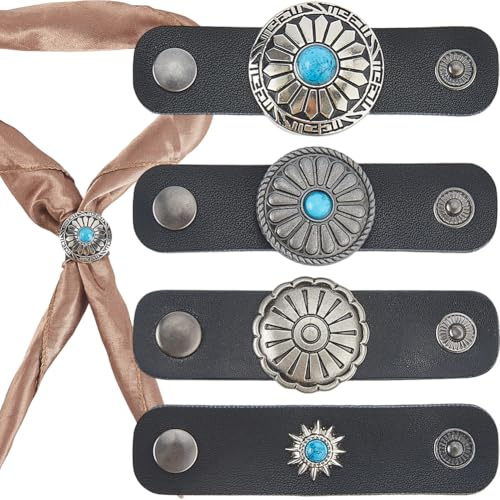 CALFOVERA 4 Stück PU Leder Western Türkis Blume Bandana Schal Ring 4 Stile Handgefertigt Vintage Muster Schalhalter Schnalle Einfarbig Bandana Halstuch Schiebeverschluss Für Kopftuch