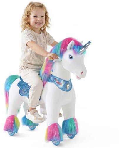 PonyCycle Einhorn auf Rollen Plüsch für 3–4 Jahre, Einhorn Reitspielzeug mit Sounds, Fortschrittlich Modell Y Mechanisches REIT Einhorn Spielzeug, Geburtstagsgeschenk für Mädchen - Y354