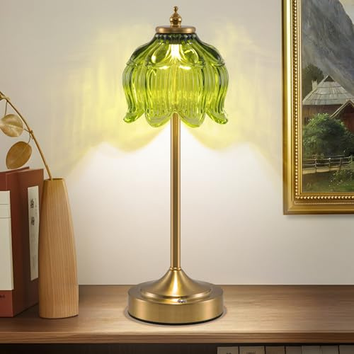 EIDEARAY Retro Tischlampe Kabellos, Wiederaufladbar mit 6000mAh Akku, 3 Farbtemperaturen Dimmbar, Tragbare LED-Tischlampe für Esszimmer, Schlafzimmer, Bar(grün)
