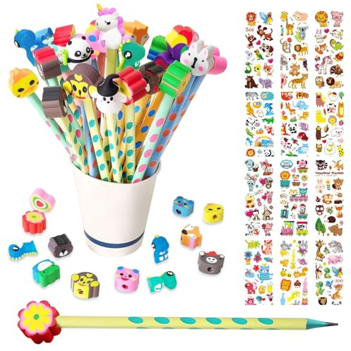 ZOCONE 30 matite triangolari per bambini con 30 tappi per cancellare i cartoni animati, divertenti pensierini, matite, matite, matite, matite, matite, 1° classe per bambini