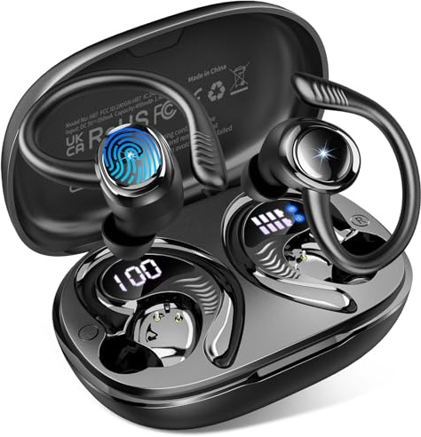 Hupoaf Ecouteurs Bluetooth 5.4 sans Fil Sport, 60H Oreillette Bluetooth avec App, Écouteur sans Fil avec 4 ENC Mic, IP7 Étanche, USB-C Charge Rapide Casque Running, Écran LED, pour Android iOS