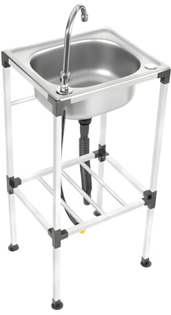 Goddlgjik Lavabo Indipendente in Acciaio Inox, Lavello Per Cucina con Rubinetto Dell'acqua Fredda e Cestello Filtro, Lavello Da Esterno con Scarico, Massima 60 kg (38 x 33 x 83 cm)
