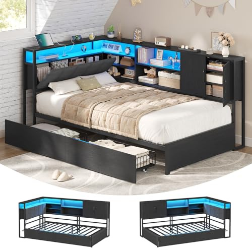 3ft Single Bed Frame 90x190 with 2 Drawers, Single Daybed with LED Lighting and Charging Station, Single Sofa Bed 90x190cm with Storage Upholstered Headboard, Open Shelves, Storage Locker, Black