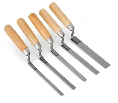 5 Pcs Pointing Trowel Set, 6/8/10/12/15mm Stainless Steel Tuck Pointer | Carbon steel finger trowels, tuck pointer for brick joints, patio grouting & mortar gap repairs, wooden handles