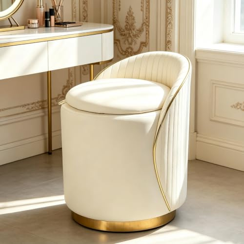 JHYCCDD Schminkhocker, Schminkstuhl 360° Drehbar, Sitzhocker Rund mit rutschfeste Fußpads, Gepolstert Hocker Schminktisch Samt für Schminktisch, Schlafzimmer, Wohnzimmer (B-Cremeweiß)