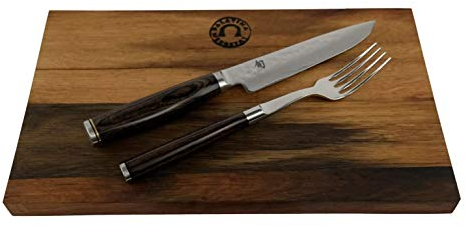KAI Shun Premier Tim Mälzer | Besteckset | TDM-0907 Steakmesser mit Gabel | + massivem Schneidebrett aus Fassholz 25x15 | VK: 269,- €