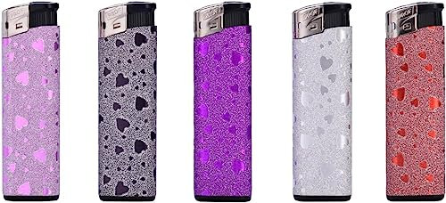 Maelsa® Lot de 5 briquets pailletés motifs cœur Shiny Heart strass allumage flamme - Dimensions : 8 cm - Coloris pailleté brillant - Vendu par lot de 5