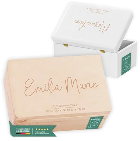 LAUBLUST Erinnerungsbox Baby Personalisiert - Geschenk zur Geburt mit Name | Niers - Kinder Erinnerungskiste Holz für Mädchen & Jungen | Holzkiste Natur oder Weiß - FSC® (Größen S, M, L, XL)