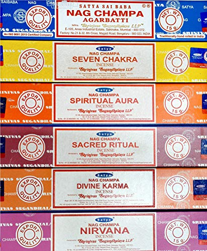 NAG CHAMPA, Siete chakras, aura espiritual, ritual sagrado, karma divino Nirvana en un paquete de 15 gr cada paquete espiritual, juego de 6 piezas