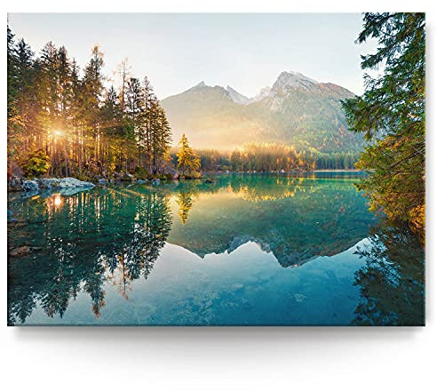 BilderKing Wandbild Wasserfall Hintersee Bayern - 100cm x 75cm Leinwand auf Fertigrahmen + Aufhänger