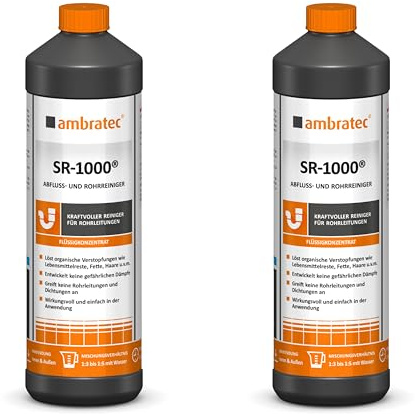 Limpiador de tuberías Ambratec SR 1000, 2 botellas, elimina obstrucciones, restos de alimentos, pelo graso, sin vapores peligrosos, no ataca juntas de tuberías