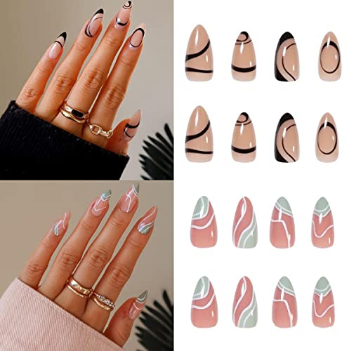 French Tip Press on Nails Short Almond Shape - 48Pcs Black Wavy Lines Design, with Nail File & Adhesive Tabs, Reusable Full Cover Fake Nails for Women & Girls