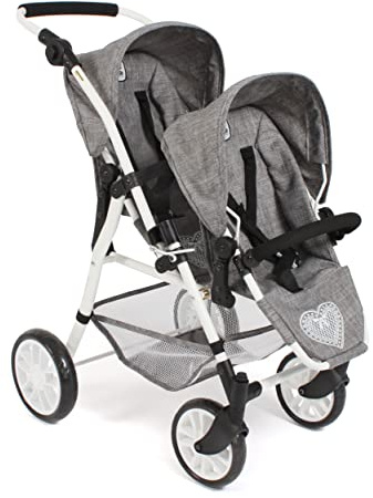 Bayer Chic 2000 - Cochecito de muñecas Twinny, Cochecito Gemelo para Dos muñecas, Cochecito Gemelo para niños de 4 a 8 años, Color Gris Vaquero, 691-76, 63 x 43 x 77 cm