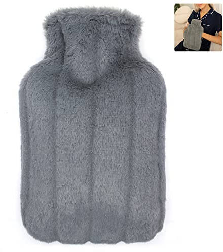 OWOZIO Varmvattenflaska med handfickor fluffigt skydd – mjukt plyschöverdrag i fuskpäls – 2 l stor kapacitet – varmvattenflaska för smärtlindring, kalla nätter, gåvor för kvinnor barn äldre (mörkgrå)
