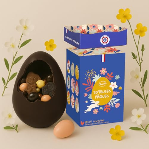 Moulage chocolat PAQUES MARYSE L'OEUF SURPRISE 150g - chocolat de Pâques - Fabrication 100% artisanale et Française - chocolat lapin poule cloche poussin oeuf (CHOCOLAT NOIR)