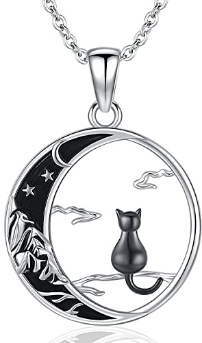 Odinstone Katze auf dem Mond Halskette, Anhänger Katze silber 925 Katze Halskette Damen Katze Kette schmuck katze Anti-Allergie, Geschenk für Frauen Mädchen