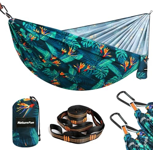 NATUREFUN Ultraleichte Reise Camping Hängematte | 300 kg Tragkraft (275 x140 cm),Atmungsaktiv,Schnelltrocknendes Hängematten |2 x Premium Karabiner,2 x Schlingen Inbegriffen | Draußen Drinnen Garten