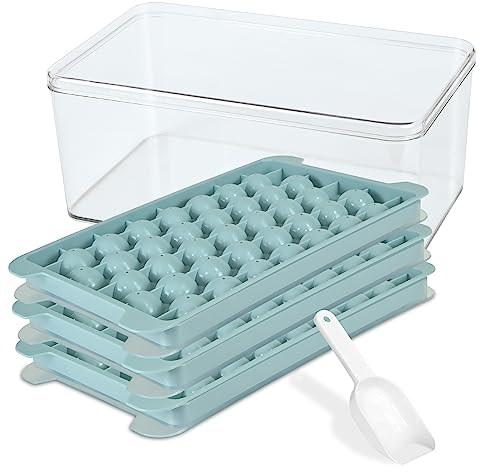 TECHSHARE Round Ice Cube Trays, Ice Ball Maker Mold for Freezer, Circle Ice Cube Tray Making 1in X 111 PCS Ice Ball Chilling Whiskey Cocktail Tea & Coffee(3Pack Blue Ice Trays & Ice Bin & Ice Scoop)