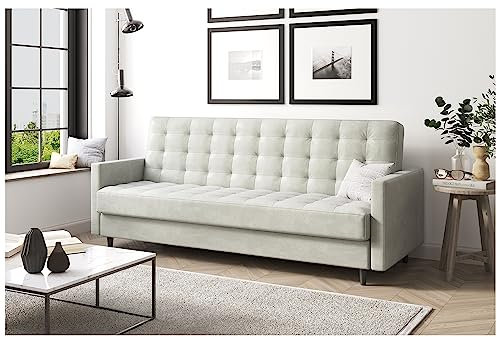 MEBLINI Sofa mit Schlaffunktion - Schlafcouch Ausziehbar - Schlafsofa mit Bettkasten - Sofabett - Couch mit Schlaffunktion - Klappsofa - Andres 1-218x87x93cm - Hellgrau Samt