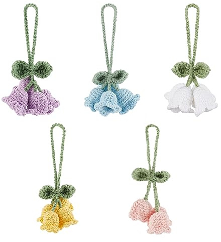 FINGERINSPIRE 5 Stück Häkelblumen Gehäkelte Glockenblumen Anhänger Gestrickte Glöckchen Orchideenblüten Anhänger Maiglöckchen Baumwoll Strick Hängeornament Für Tasche Auto Schlüsselanhänger Dekor