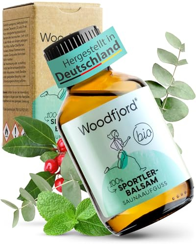 WOODFJORD Saunaaufguss Sportlerbalsam BIO 100 ml, Mit Wintergrünöl | Premium Sauna Aufgussmittel für nachhaltige Saunaerlebnisse, Saunaöl und Saunaduft, Revitalisierend und entspannend