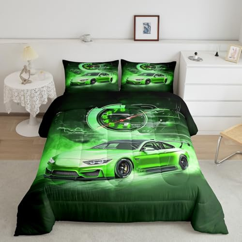 Erosebridal Twin Size Bedding Set, Toddler Race Car Bed for Boys Sports Car Comforter Set Extreme Sport Vehicle Quilt Speed Racing Car Duvet Insert,Green