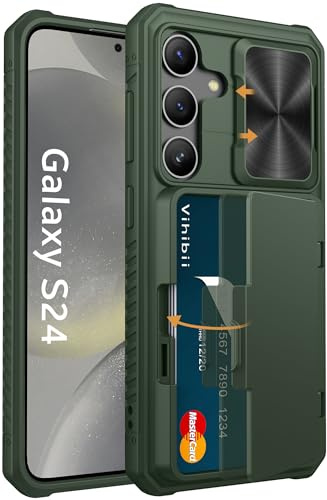 Vihibii Cover per Samsung Galaxy S24 con Porta Carte e Scorrevole per Fotocamera, TPU Robusto Resistente ai Graffi, Protezione di Livello Militare Custodia a Portafoglio per S24, Verde Scuro