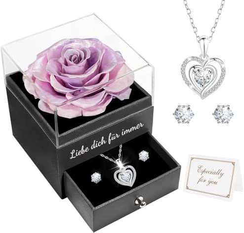 Miofula Ewige Rose Geschenke für Frauen,Blumen mit Herz Halskette und Ohrringe Silber925,Infinity Rosen Kette Geburtstagsgeschenk für Frauen,Mama Oma Freundin Geschenk Weihnachten Geburtstag Jahrestag