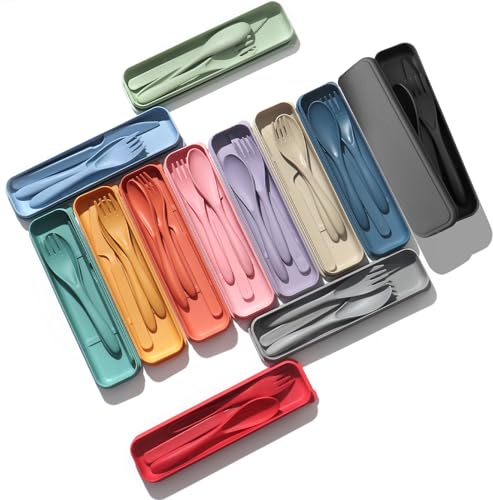 Travel Cutlery Set, Happybase 12 Sets Reusable Cutlery Set with Case, Travel Fork Knife Spoon Set, Portable Camping Cutlery for Camping Picnic Work School Daily Use