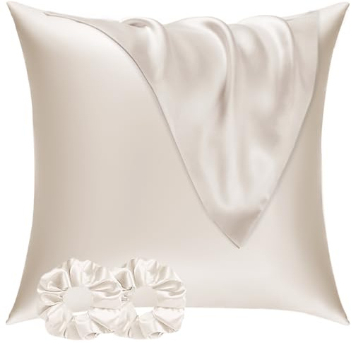 Vielit Satin Kissenbezug 80x80 2er Set & 2 Haargummis, Satin Kopfkissenbezug 80x80 Beige, Weich wie Seidenkissenbezug 80x80,Bessere Pflege als Silk Pillosecase,Kissenbezug für Haar und Haut