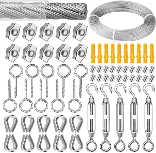 Drahtseilspanner-Set,2mm*40m Drahtseil, Drahtseilspanner aus Edelstahl 304,Drahtseilspanner mit Ösen zum Aufhängen von Lichterketten,Wäscheleinen,Vorhangseilen und Aufhängevorrichtungen für Leuchten
