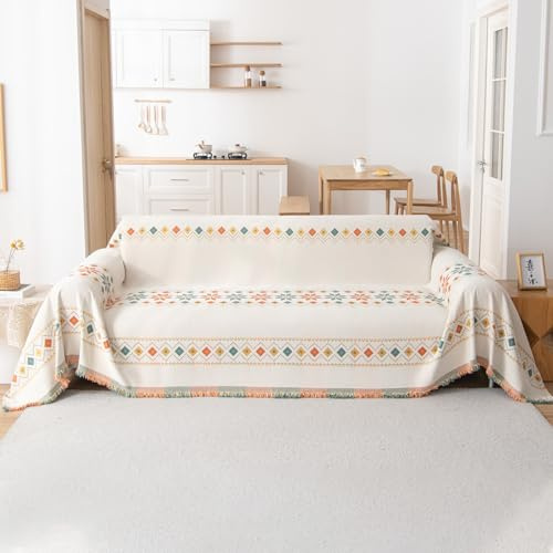 VanderHOME Copridivano Bohemian, Copridivano Universale Quattro Stagioni, Copritutto per Divano Arredamento per La Casa, Coperta per divano in Ciniglia con Frangia Delicata 180 * 360cm-Beige