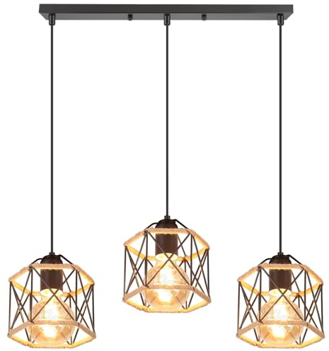 PETITES ECREVISSES 3 Luces Lámpara Colgante Vintage E27 Lámpara de Techo Colgante industrial Metal con Cuerda de Cáñamo Retro Diseño Jaula 16CM para Dormitorio Café Salón Pasillo (hexágono-C-barra)