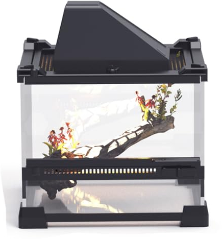 Woyrise Terrarium-Tankbecken für Reptilien, Glas, 20,1 x 20,1 x 16,5 cm, Tür vorne und oben, volle Sicht, visuell ansprechender Lebensraum für Mini-Reptilien oder Amphibien, stapelbare Abdeckung für
