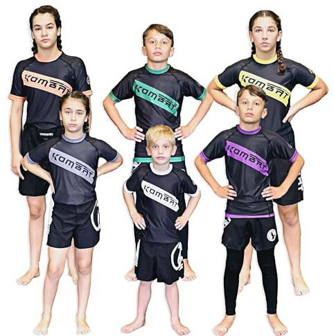 KOMBAT USA Kids Rash Guards for Boys & Girls, Ranked Youth BJJ Rash Guard, Half Sleeve Compression Rash Guard, IBJJF Accepted (US, Alpha, X-Large, Regular, Orange)
