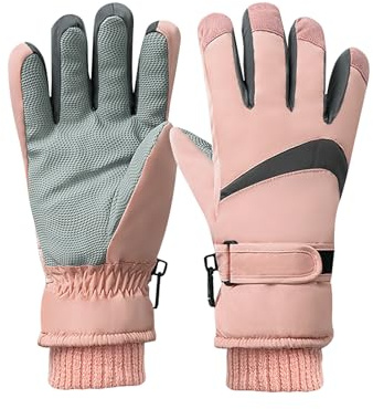 Feelorna Gants de ski d'hiver pour femme, coupe-vent, thermiques, écran tactile, surface imperméable et doublure en polaire, gants de ski chauds pour le ski, le cyclisme, les sports de plein air (rose