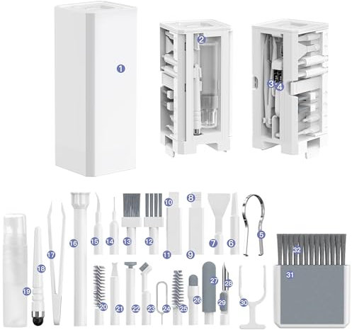 OneTreeTime Kit de limpieza multifuncional 32 en 1 for dispositivos electrónicos, incluidos teléfonos móviles iPhone 16, iPhone 16 pro max, computadora, monitor, lentes, etc., diseño compacto y portát