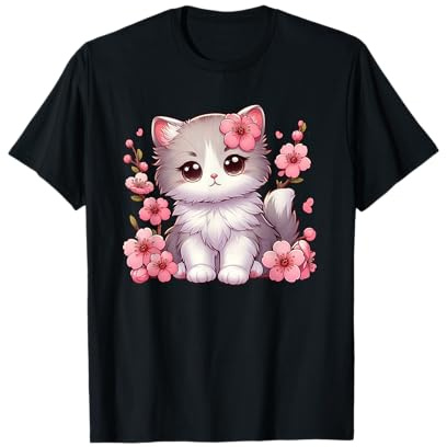Chat Mignon avec Fleurs de Cerisier Dessin animé Dessin animé T-Shirt