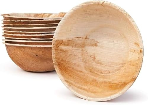 BOX And Tree| 100 cuencos desechables redondos de hoja de palma |Vajilla desechable biodegradable |Tazones de bambú, material palmera de madera, cristalina de bambú desechable, 270 ml
