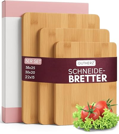 Gutherz® Bambus Schneidebrett aus Holz - 3er Set- Natürlich- ohne Lack | Antibakteriell | 38x25 / 30x20/ 22x15 | Vorgeölt- Sofort Einsatzbereit, Langlebig & Messerfreundlich| Holzbrett 1,5 cm Dick