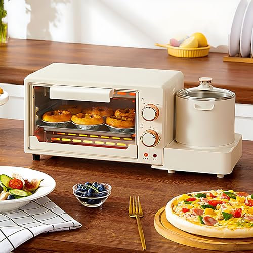 Frukostdisk, Mini-frukostmaskin Med 8l Ugn Och 0,8l Djup Kokkärl Med ångkokare I Rostfritt Stål, Dubbla Knoppar För Oberoende Temperaturkontroll, Liten Hushållsfrukostmaskin