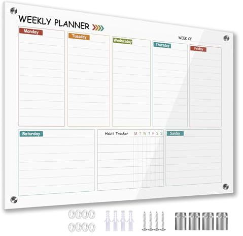 Marribol Glas-Wöchentafel für die Wand, trocken abwischbar, 40,6 x 30,5 cm, buntes Wochenkalender, Whiteboard, To-Do-Liste, Wochenplaner, Whiteboard, rahmenlose Montage, für Memo, Schule, Zuhause,