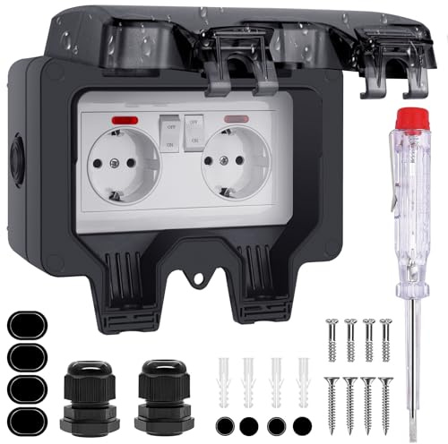 Außensteckdose Wasserdicht IP66 - Steckdose Aufputz mit Deckel Gartensteckdose Aussensteckdose Outdoor Steckdose Wetterfest für Gärten Feuchtraum Keller Garage (Schwarz, 2-fach)
