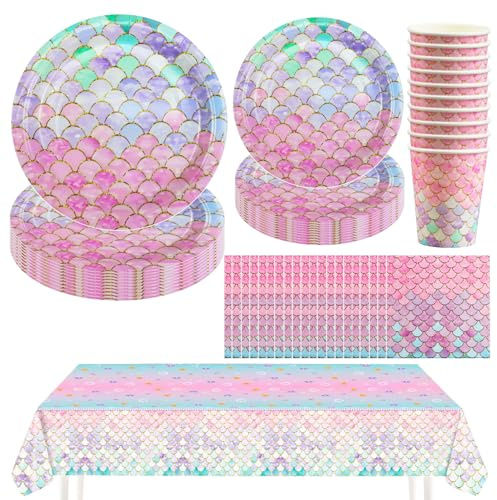 Hmfmdy Meerjungfrau Partygeschirr Set, 51 Stück Meerjungfrau Party Deko, Geburtstag Geschirr Kit Mit Pappteller Becher Servietten Tischdecke, Kindergeburtstag Party Geschirr Supplies für 10 Gäste