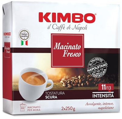 Kimbo, Caffè Macinato, 2x250gr, Miscela Macinato Fresco, Ideale per Moka, Intensità 11/13, Tosctatura Scura, 2 Confenzioni da 250 gr