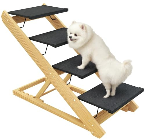 PawHut 2 in 1 Hundetreppe 4-Stufige Klappbar 62,5 cm für Große Hunde Natur | Höhenverstellbar, Hunderampe mit Rutschfester Oberfläche, Haustiertreppe für Bett, Sofa, Katze, bis 40 kg