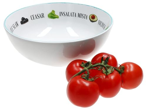 MamboCat Salatschüssel I Ø 26,5 cm, 2,5 Liter I Dekorative große Schale aus Porzellan mit Salatmotiv & Schriftzügen I Suppenschüssel, Obstschale, Servierschale