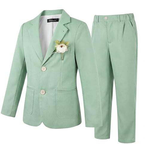 LOLANTA 2 Pezzi Completo Giacca e Pantaloni in Lino per Bambino, Abito Cerimonia Elegante Bambino, Ragazzi Paggetto Matrimoni Battesimo Abito in Lino Suit Set, Aneto Verde, 10-11 Anni, 150