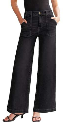 Sidefeel Womens Wide Leg Jeans High Waisted Stretchy Straight Leg Baggy Denim Pants with Pockets Black Size 12