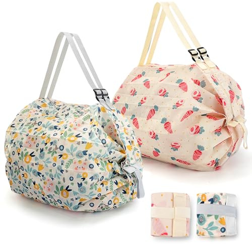 QZDAFFIC 2PCS Tote Bag Women's Totes, Foldable Shopping Bags with Zip, Reusable Carrier Bags with Handles Hold 15KG Heavy Duty Washable Should Bag for Daily Shopping Excursions Camping